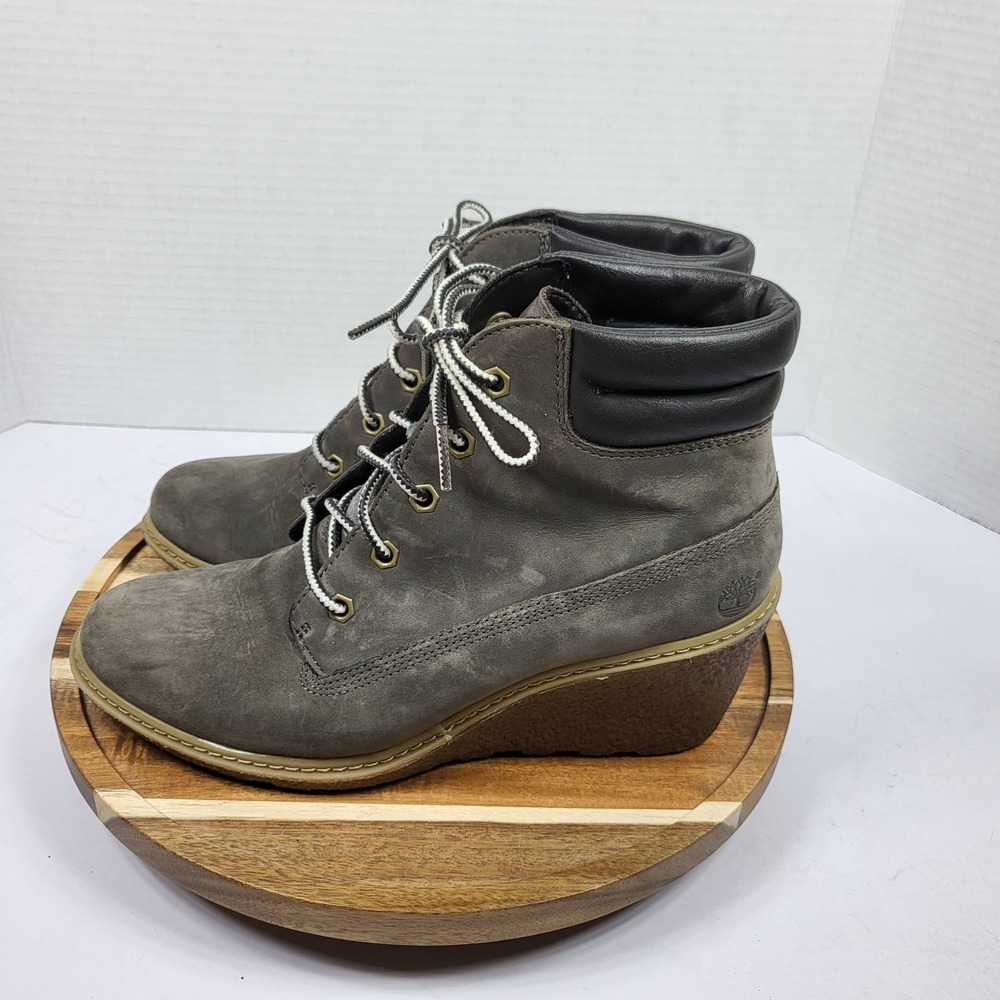 Timberland Amston Wedge Boots Womens 7.5 Grey Good A12RG Nubuck Lace Up